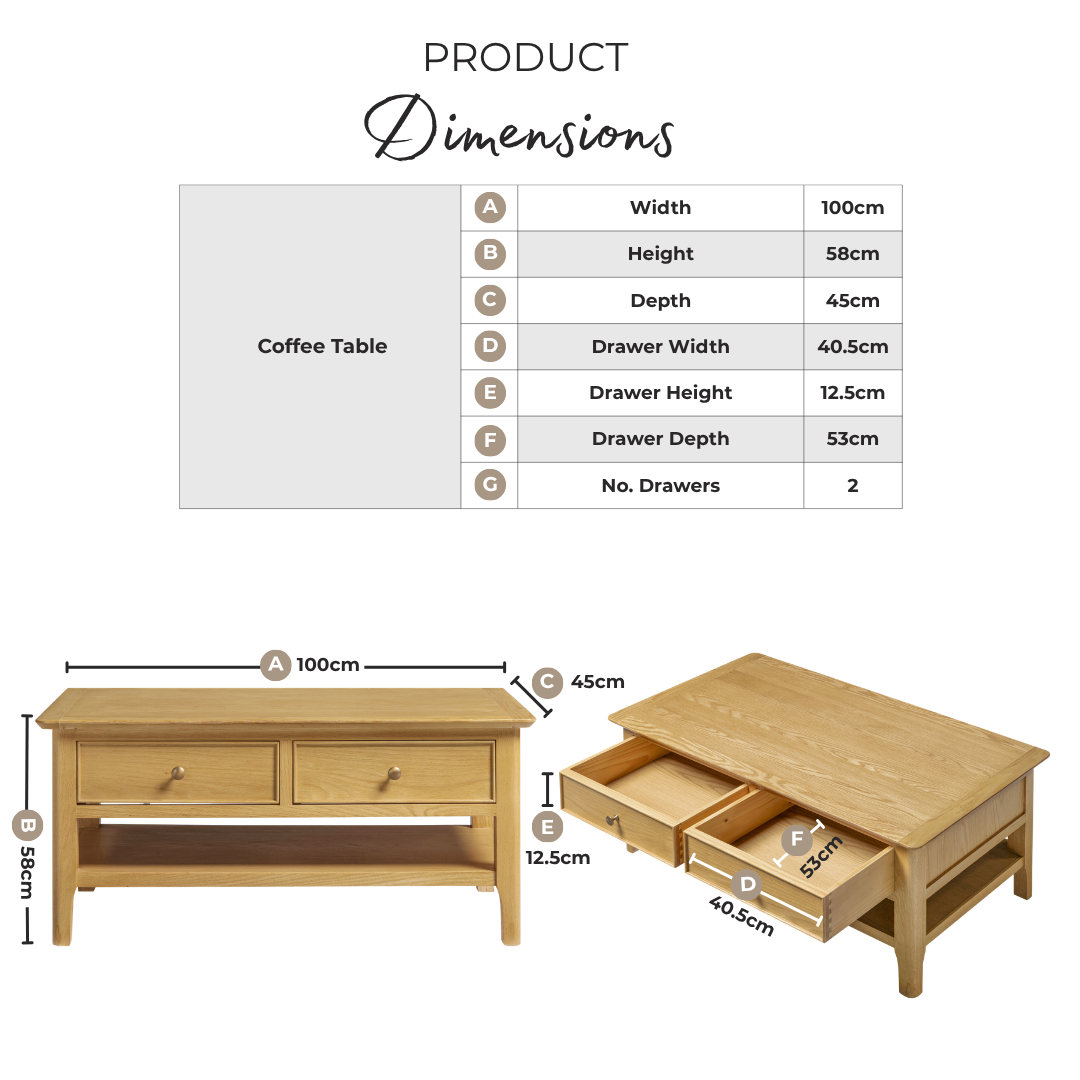 Belle 2 Drawer Rectangular Solid Oak Wood Coffee Table